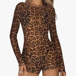 Backless Jumpsuits Cheetah Print Romper Bodycon Jumpsuit Long Sleeve Crew Neck